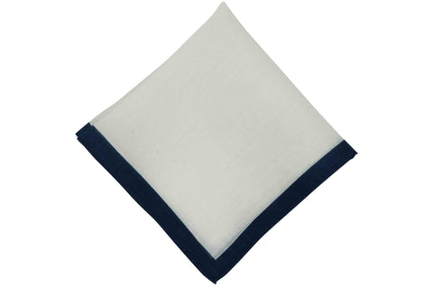 White Navy Border Linen Pocket Square