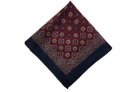 Navy Blue Silk Wool Pocket Square with Printed geometric medallions in  green, blue and orange with